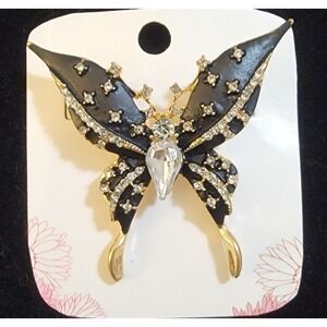 Gold Tone Black Enamel Butterfly Brooch Rhinestone Crystal Pin Gothic Jewelry